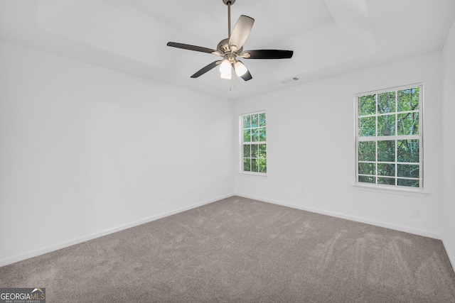 carpeted spare room with ceiling fan