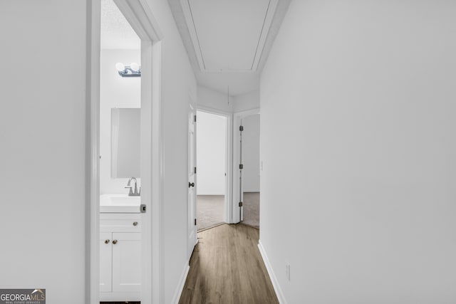 corridor with wood-type flooring and sink