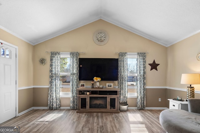 living area with lofted ceiling, wood finished floors, and baseboards