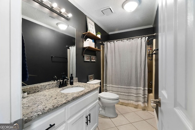 full bathroom with crown molding, toilet, vanity, a textured ceiling, and tile patterned floors