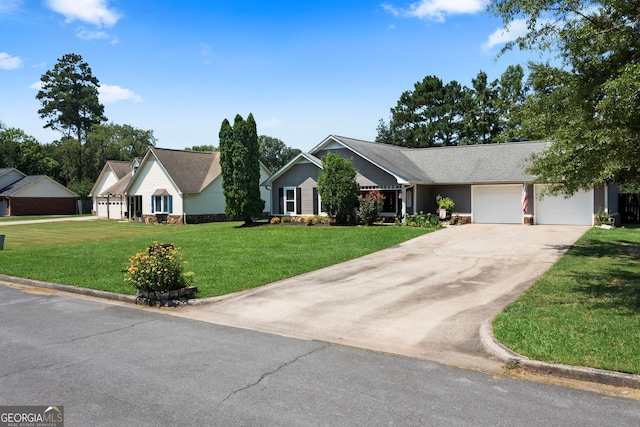 ranch-style home featuring a front lawn and a garage