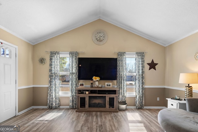 living area featuring baseboards, lofted ceiling, and wood finished floors