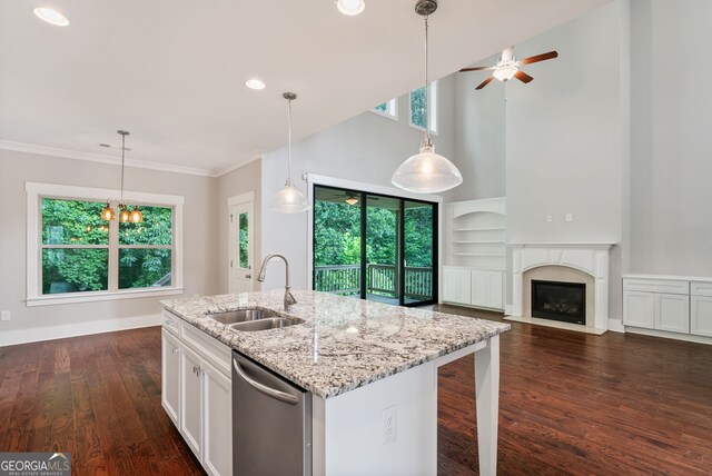 kitchen with a wealth of natural light, ceiling fan with notable chandelier, stainless steel dishwasher, and sink