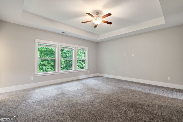 spare room with ceiling fan, a raised ceiling, and carpet