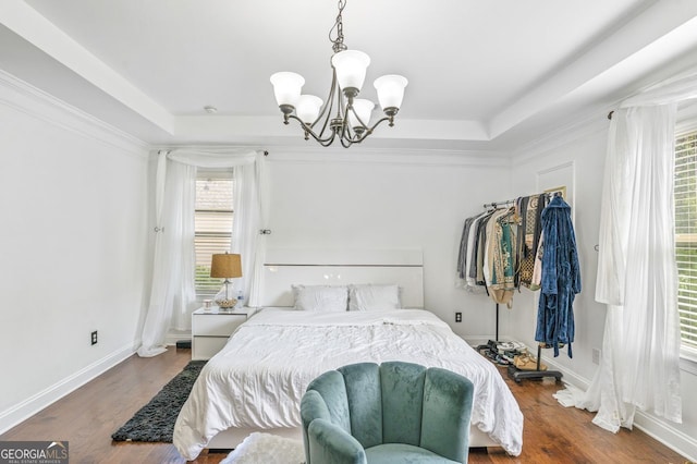 bedroom featuring multiple windows, hardwood / wood-style flooring, and a tray ceiling