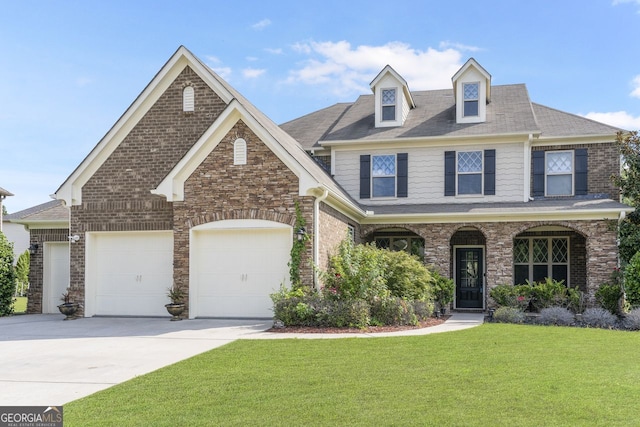 view of front of property featuring a front lawn and a garage