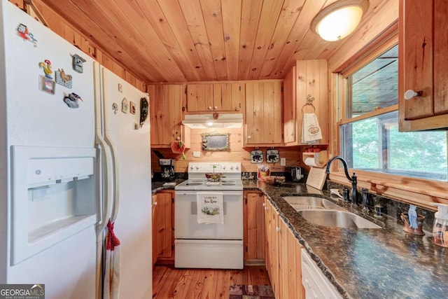 kitchen with white appliances, wooden ceiling, dark stone countertops, light hardwood / wood-style flooring, and sink