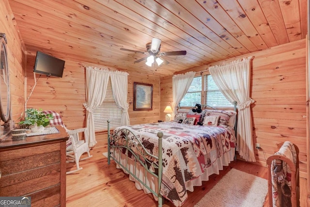 bedroom with ceiling fan, wooden ceiling, and hardwood / wood-style floors