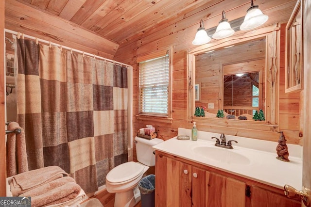 bathroom with toilet, wooden walls, plenty of natural light, vanity, and wood ceiling