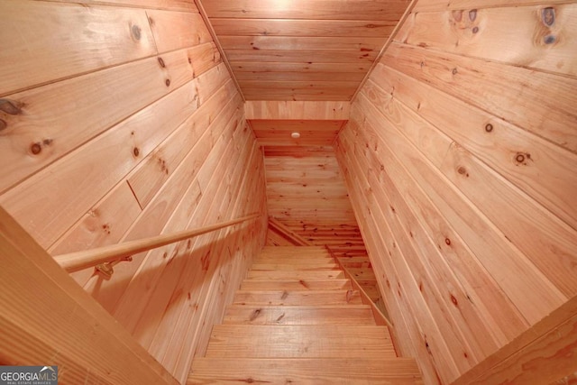 stairs featuring wooden walls and light hardwood / wood-style floors