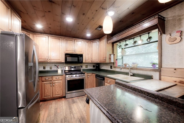 kitchen with appliances with stainless steel finishes, light wood-type flooring, wooden ceiling, decorative light fixtures, and sink