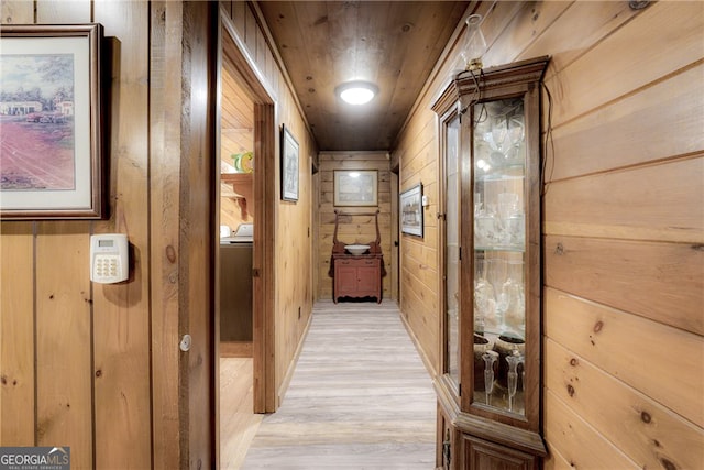 hall featuring light wood-type flooring and wood walls