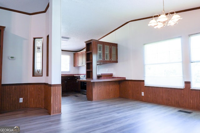 kitchen featuring ornamental molding, kitchen peninsula, hanging light fixtures, and vaulted ceiling