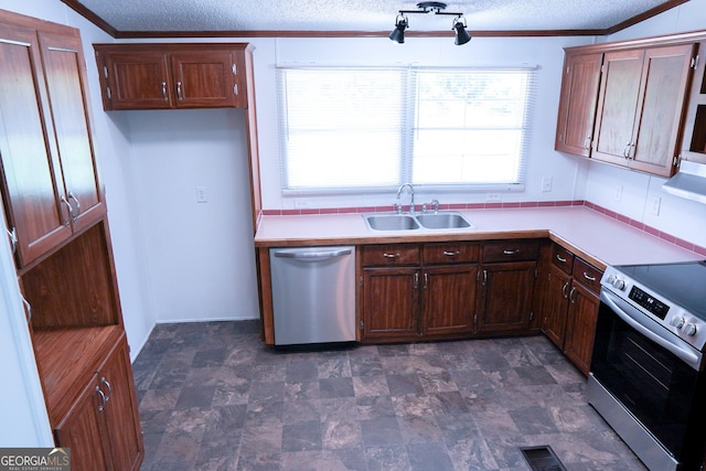 kitchen with crown molding, sink, a textured ceiling, and appliances with stainless steel finishes