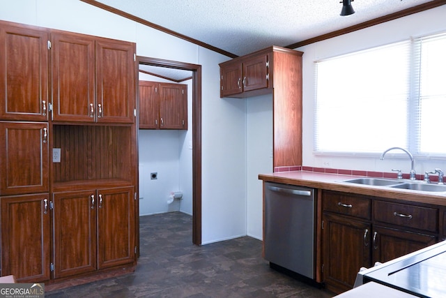 kitchen featuring dishwasher, sink, lofted ceiling, a textured ceiling, and ornamental molding