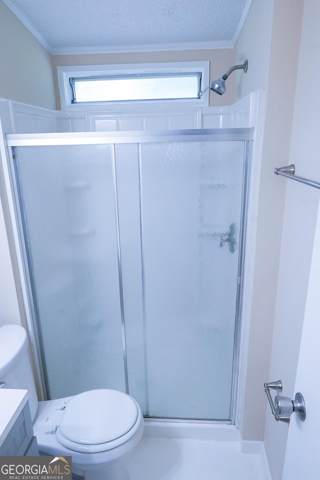 bathroom featuring plenty of natural light, toilet, a shower with door, and vanity