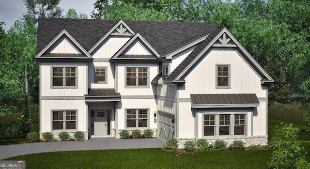 view of front of house featuring metal roof, a shingled roof, board and batten siding, a standing seam roof, and a front yard