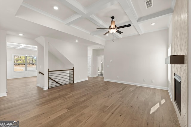 unfurnished living room with light wood finished floors, visible vents, coffered ceiling, a fireplace, and beam ceiling