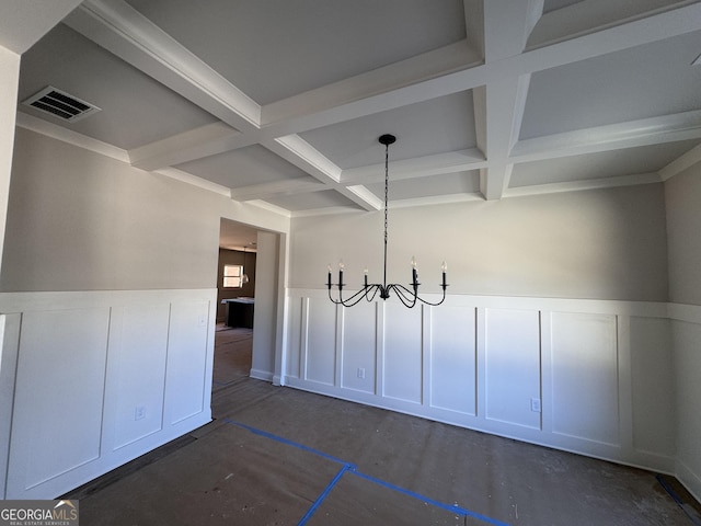 unfurnished dining area with coffered ceiling, visible vents, and beamed ceiling