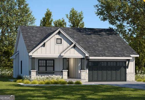 modern inspired farmhouse featuring covered porch, an attached garage, board and batten siding, a front yard, and driveway