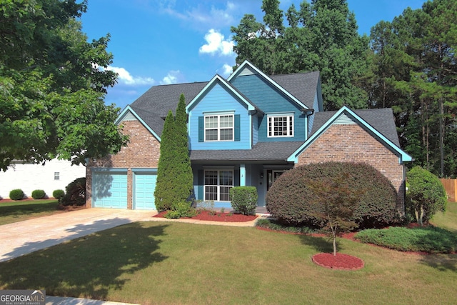 view of front of home featuring a front yard and a garage