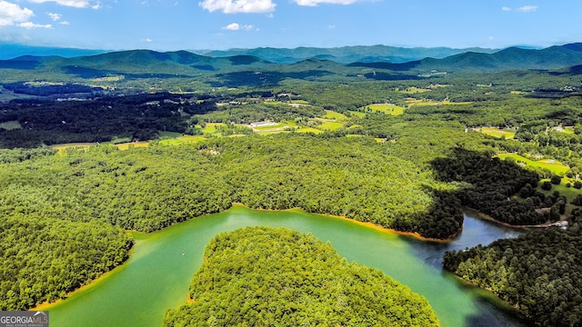 aerial view featuring a water and mountain view