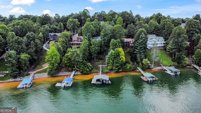 birds eye view of property featuring a water view