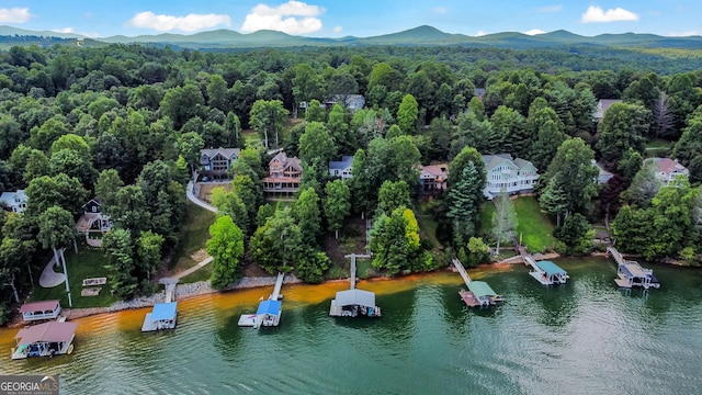 drone / aerial view with a water and mountain view