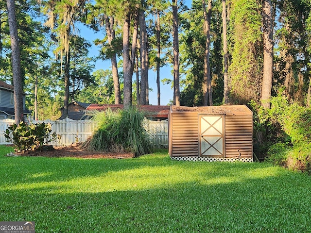 view of yard with a shed