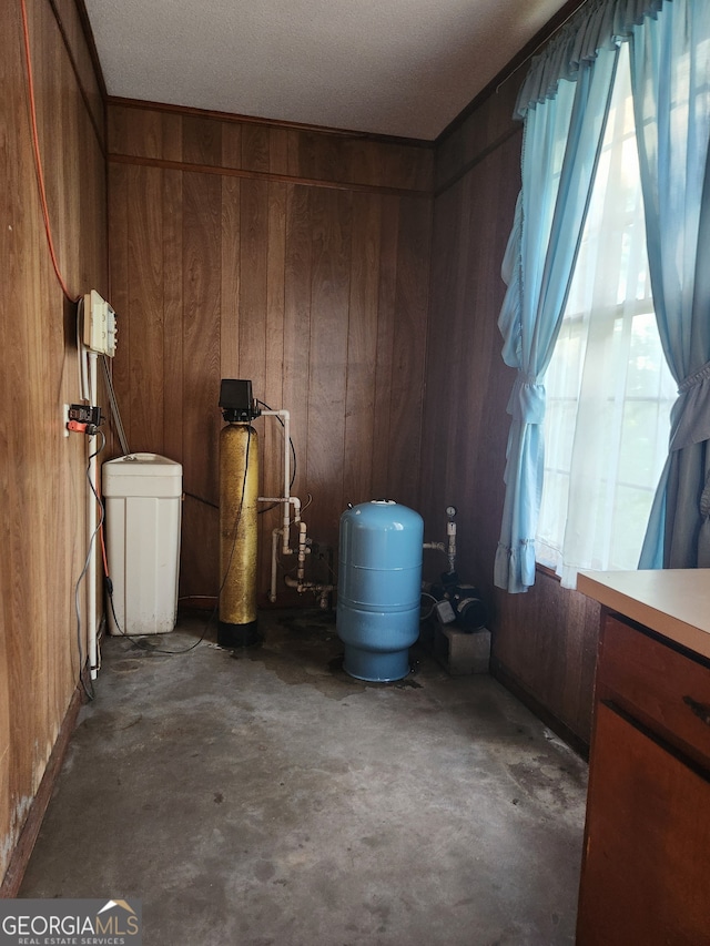 miscellaneous room with a wealth of natural light, wooden walls, and concrete floors