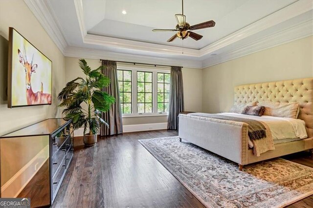 bedroom with a tray ceiling, ceiling fan, and dark hardwood / wood-style floors