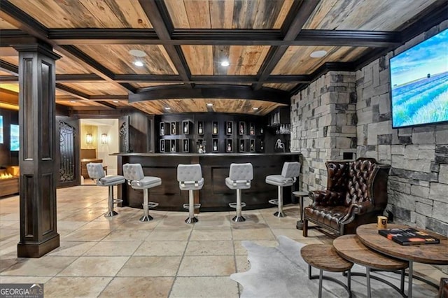 interior space featuring beamed ceiling, coffered ceiling, and wood ceiling