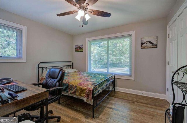 bedroom featuring hardwood / wood-style floors, multiple windows, and ceiling fan