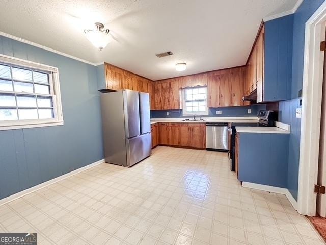 kitchen with sink, ornamental molding, and appliances with stainless steel finishes