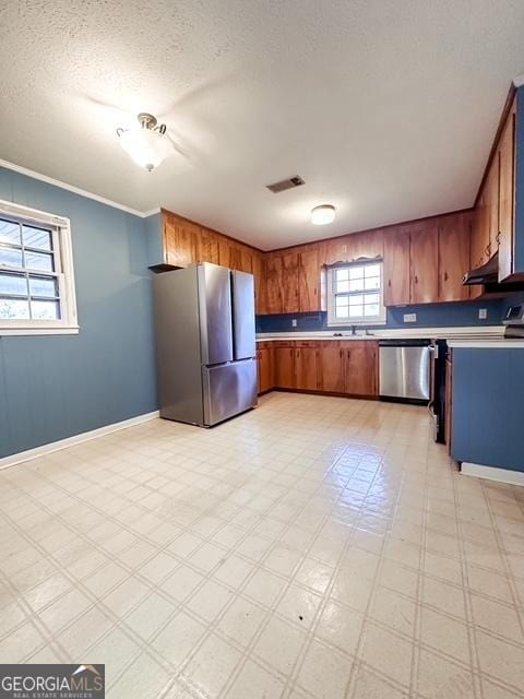 kitchen with a textured ceiling, a wealth of natural light, crown molding, and appliances with stainless steel finishes