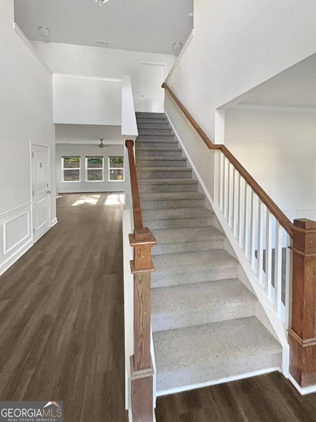 staircase featuring a towering ceiling, wood-type flooring, and ornamental molding