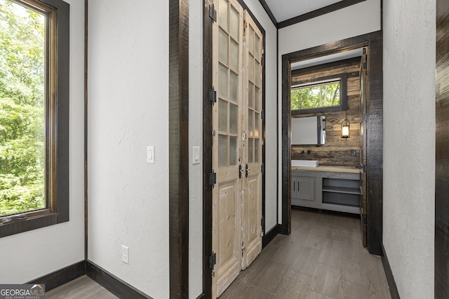 hall featuring dark wood-type flooring and a healthy amount of sunlight