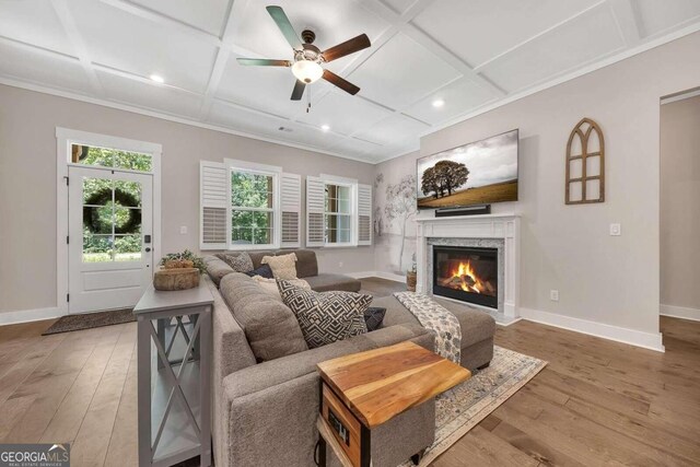 living room featuring ceiling fan, a premium fireplace, coffered ceiling, and hardwood / wood-style flooring