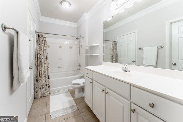 full bathroom with tile patterned flooring, shower / bathtub combination with curtain, ornamental molding, vanity, and toilet