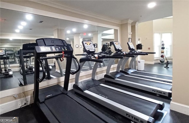 exercise room with crown molding