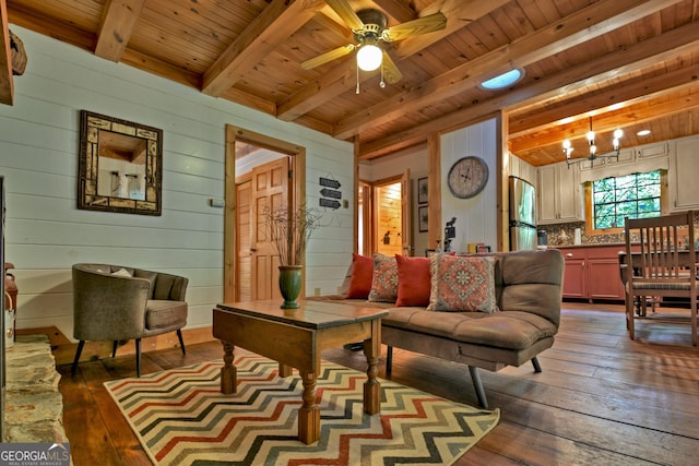 living room with beam ceiling, ceiling fan, wooden ceiling, and dark hardwood / wood-style floors