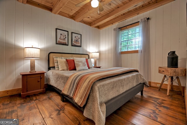 bedroom featuring beam ceiling, ceiling fan, wooden ceiling, and dark hardwood / wood-style flooring