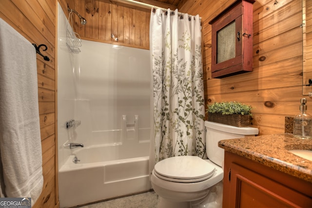 full bathroom featuring wooden ceiling, toilet, wooden walls, shower / bath combo with shower curtain, and vanity