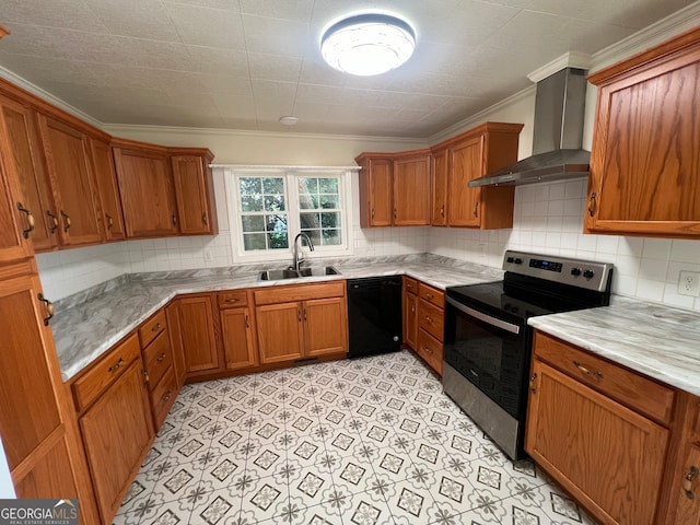 kitchen with black dishwasher, wall chimney exhaust hood, light tile patterned flooring, stainless steel range with electric cooktop, and sink