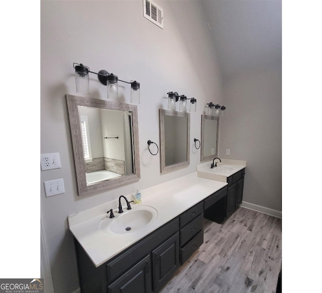 bathroom with vanity and wood-type flooring