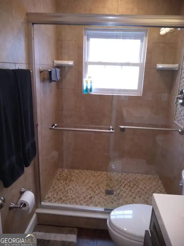 bathroom featuring a shower with shower door, toilet, and vanity