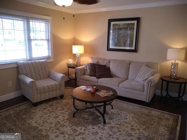 living room featuring ceiling fan, ornamental molding, and wood-type flooring