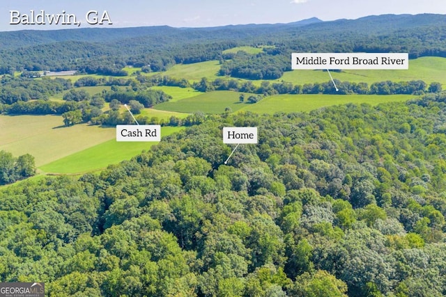 bird's eye view with a forest view and a mountain view