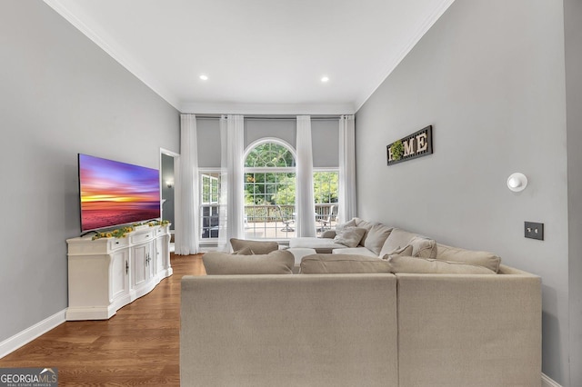 living room with hardwood / wood-style flooring and ornamental molding