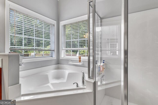 bathroom with shower with separate bathtub